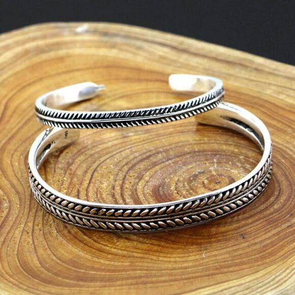 Braided Stamped Silver Tone Cuff Bracelet for Men or Women (thicker style) #502 - Picture 3 of 9